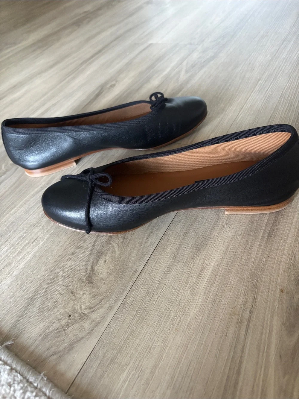 Margaux Demi Black Leather Ballet Flats with Bow Trim